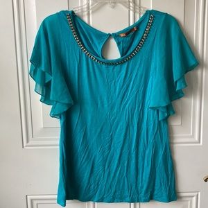Y2K Teal rhinestone neckline flutter-sleeved top